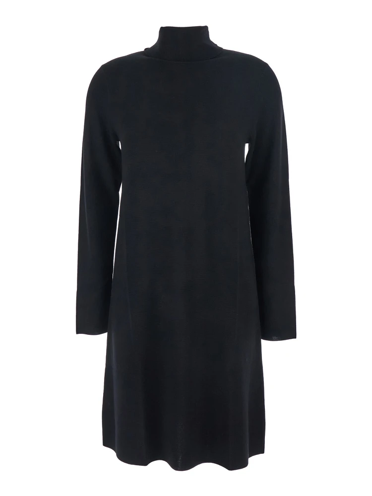 Black Turtneleck Dress with Straight Hem in Wool Woman