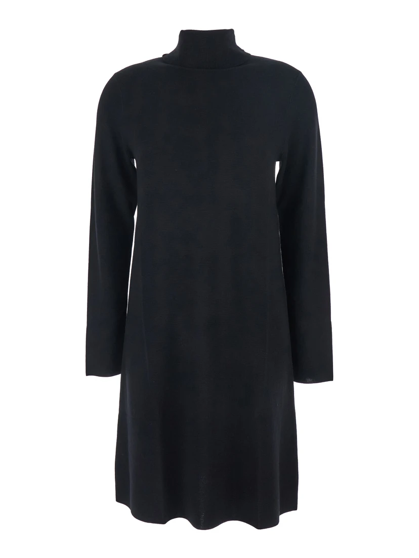 Black Turtneleck Dress with Straight Hem in Wool Woman