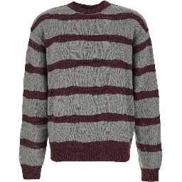 Grey Crew Neck Sweater with All-Over Striped Motif in Wool Blend Man