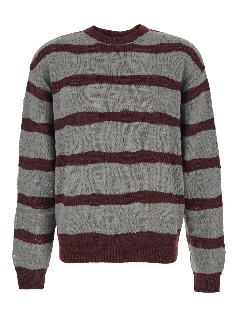 Grey Crew Neck Sweater with All-Over Striped Motif in Wool Blend Man