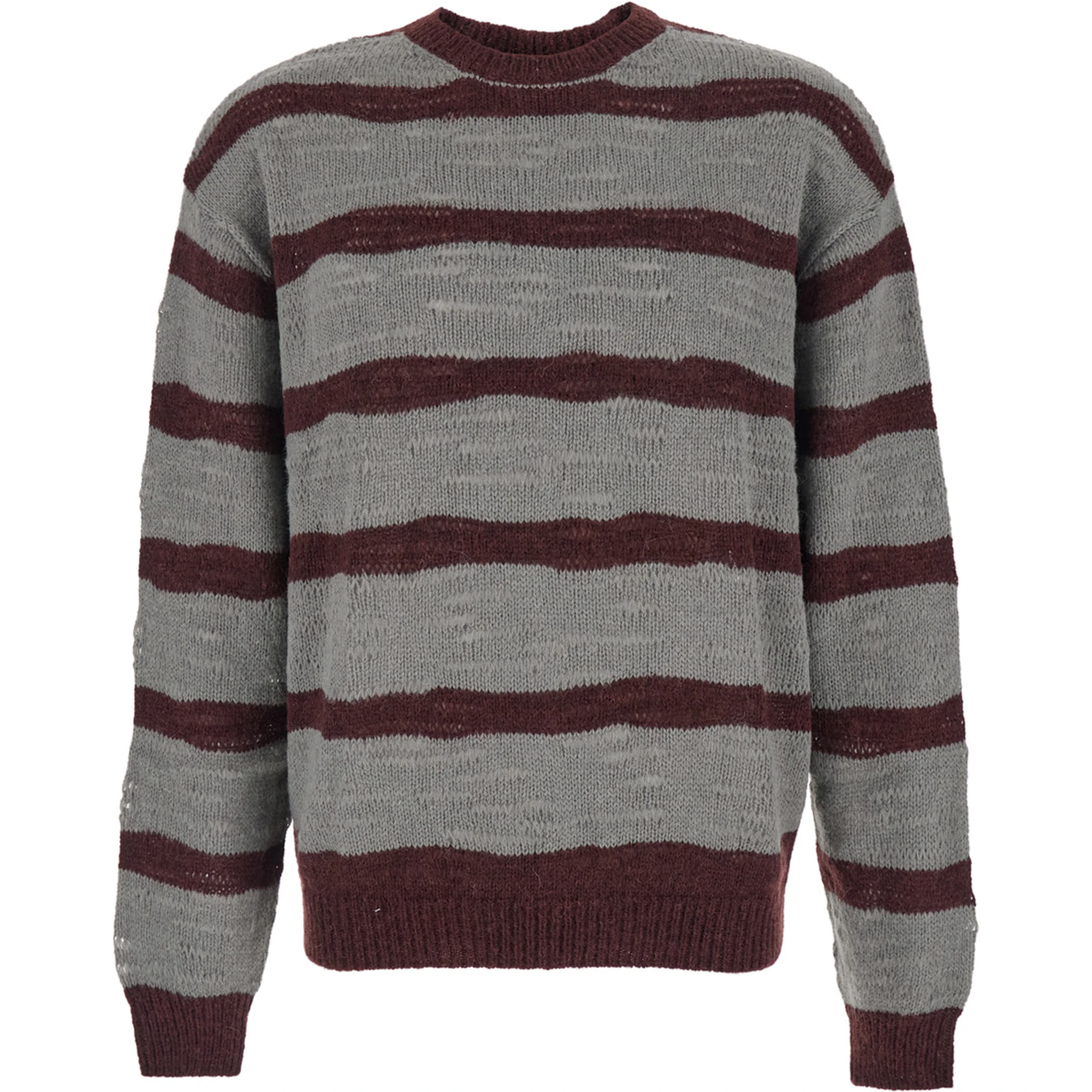 Grey Crew Neck Sweater with All-Over Striped Motif in Wool Blend Man