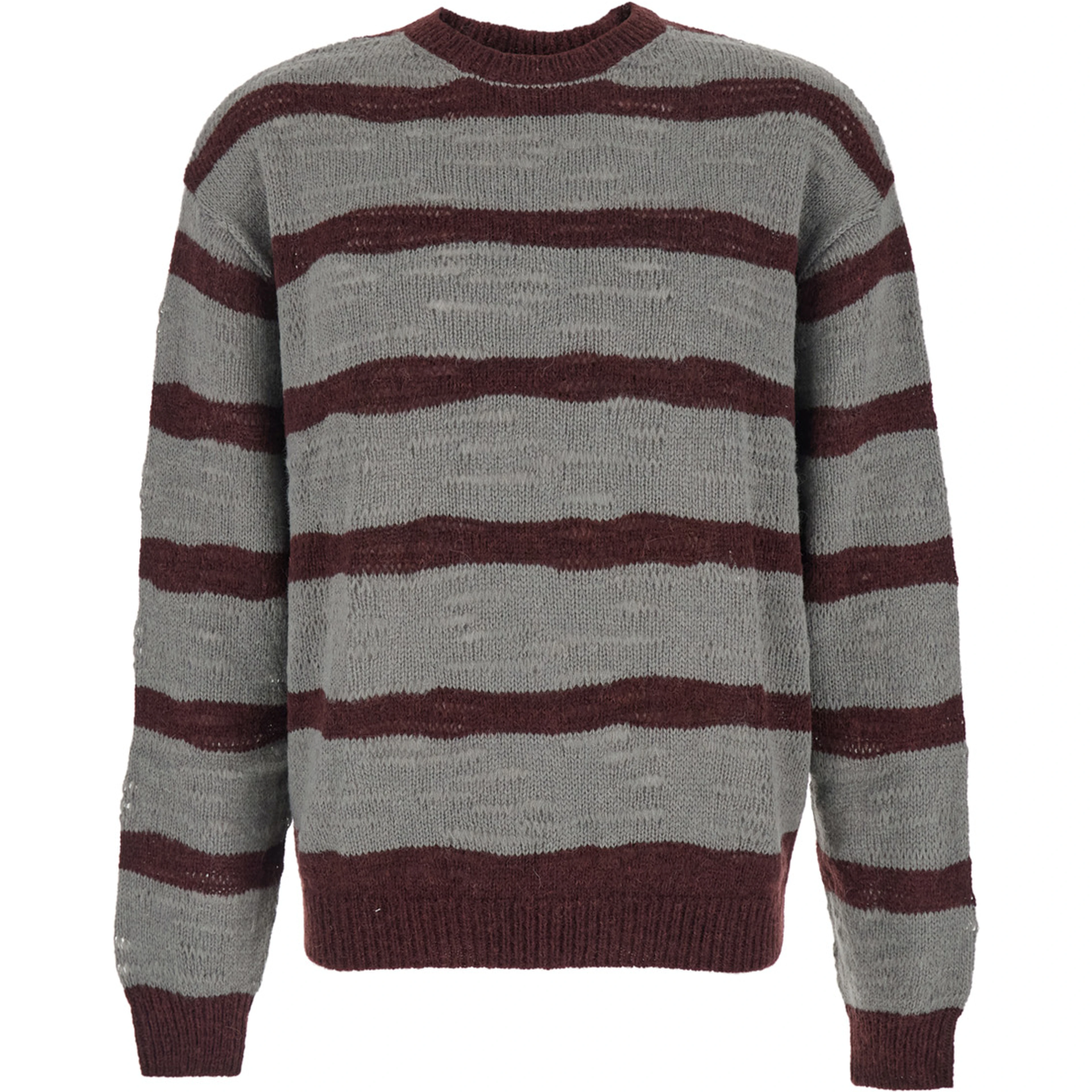Grey Crew Neck Sweater with All-Over Striped Motif in Wool Blend Man