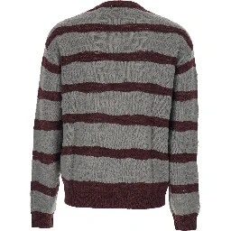 Grey Crew Neck Sweater with All-Over Striped Motif in Wool Blend Man