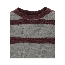Grey Crew Neck Sweater with All-Over Striped Motif in Wool Blend Man