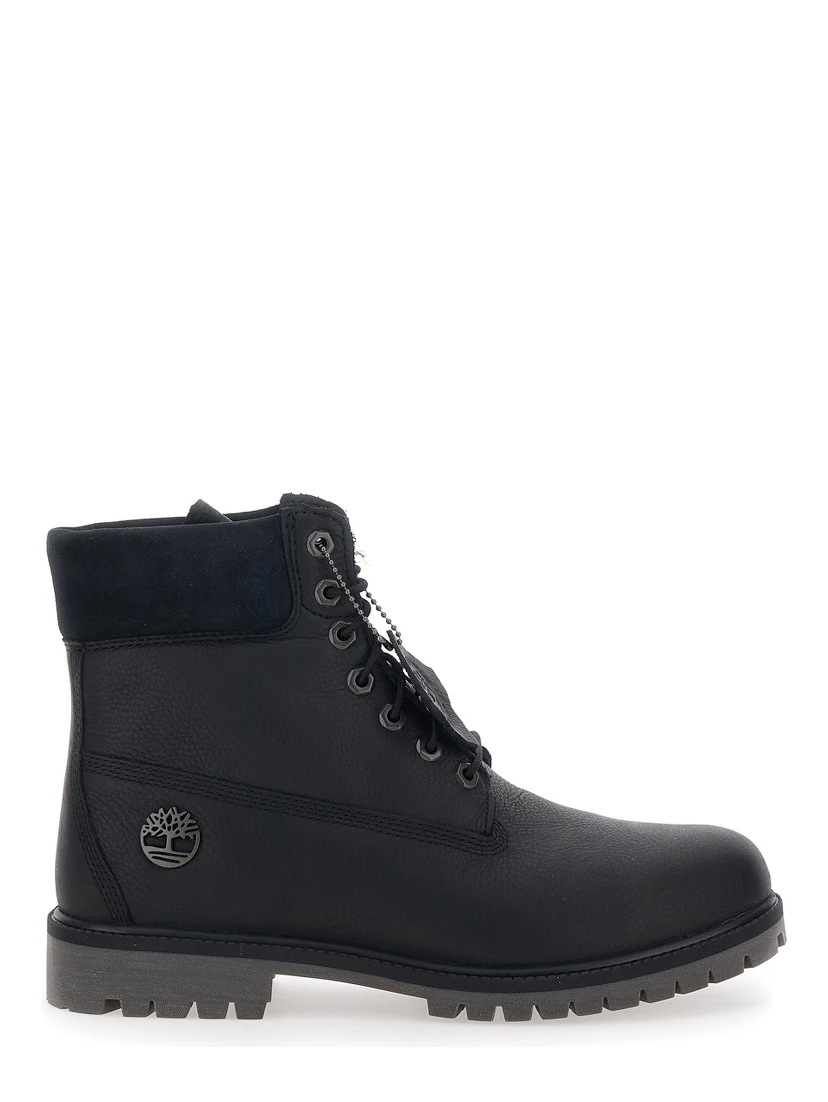 Black Ankle Boots with Logo Detail on the Side and Low Block Heel in Leather Man