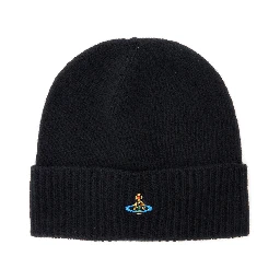 Black Beanie with Orb Patch on the Front and Ribbed Brim in Cashmere Unisex