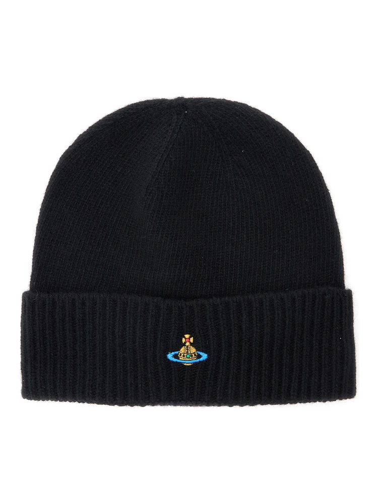 Black Beanie with Orb Patch on the Front and Ribbed Brim in Cashmere Unisex