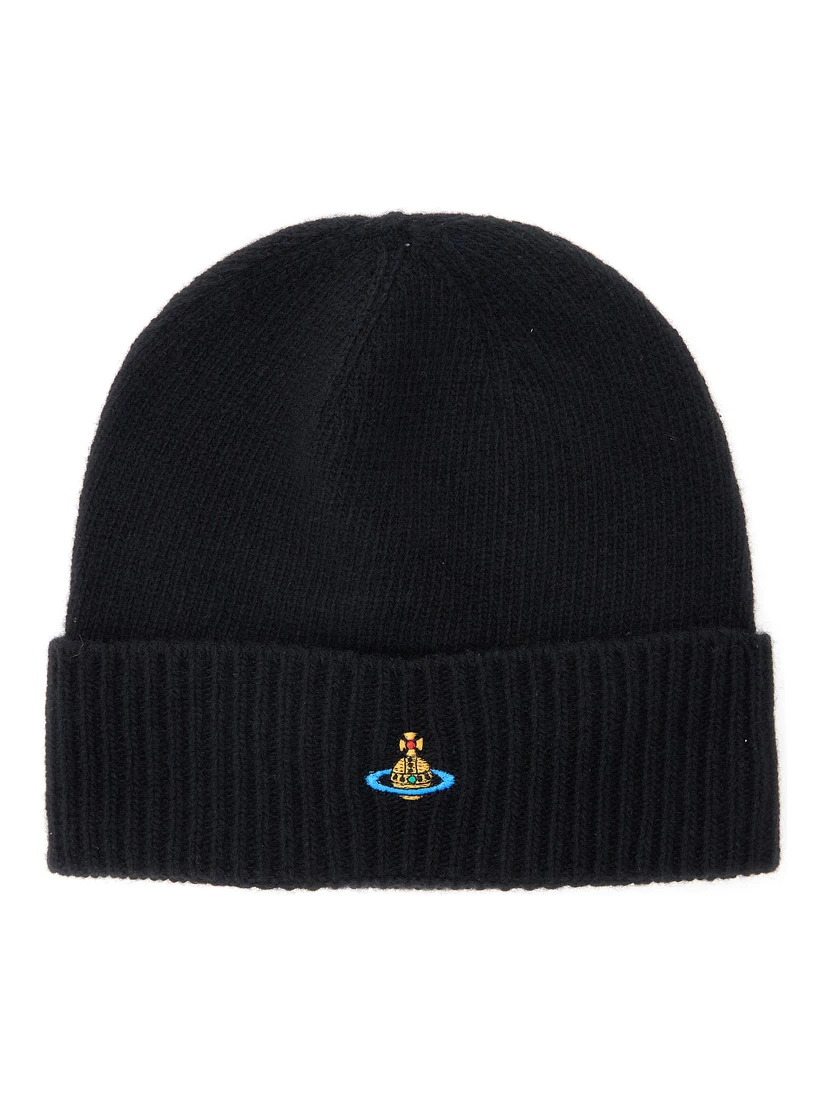 Black Beanie with Orb Patch on the Front and Ribbed Brim in Cashmere Unisex