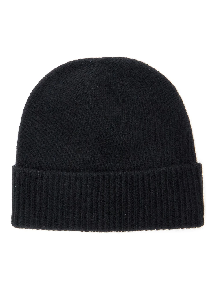 Black Beanie with Orb Patch on the Front and Ribbed Brim in Cashmere Unisex alternative