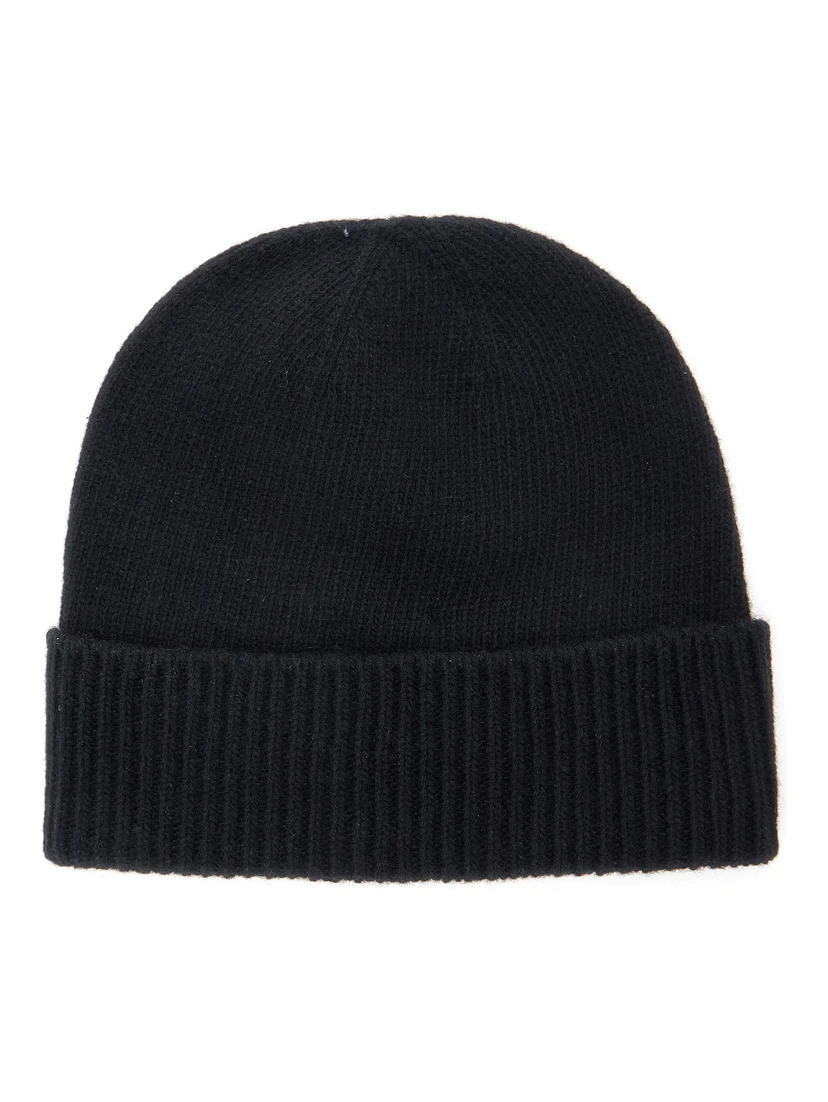 Black Beanie with Orb Patch on the Front and Ribbed Brim in Cashmere Unisex