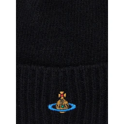 Black Beanie with Orb Patch on the Front and Ribbed Brim in Cashmere Unisex