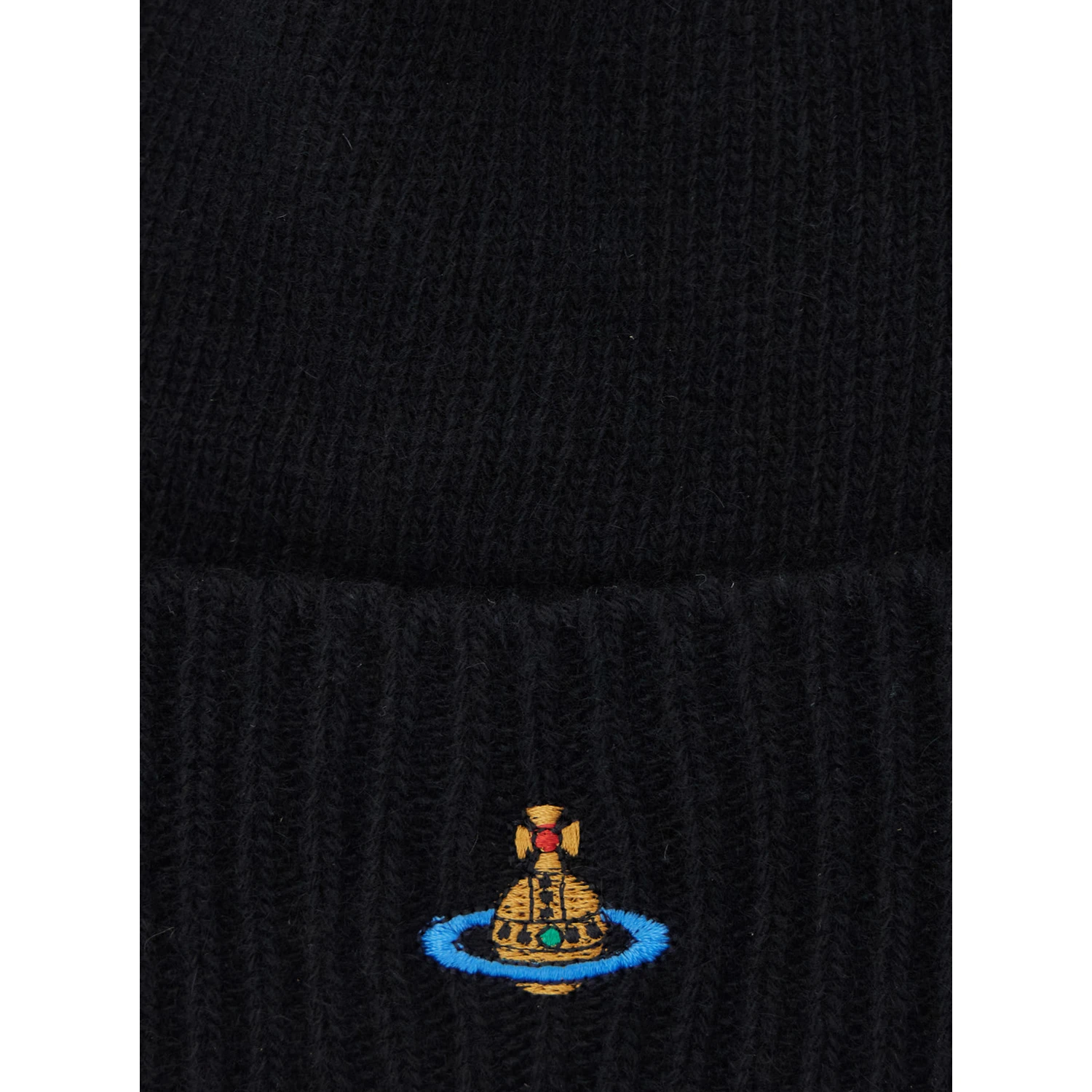 Black Beanie with Orb Patch on the Front and Ribbed Brim in Cashmere Unisex
