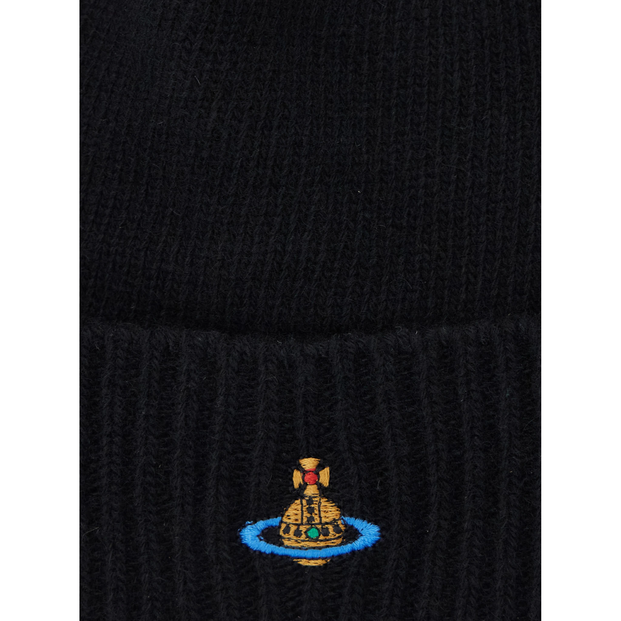 Black Beanie with Orb Patch on the Front and Ribbed Brim in Cashmere Unisex
