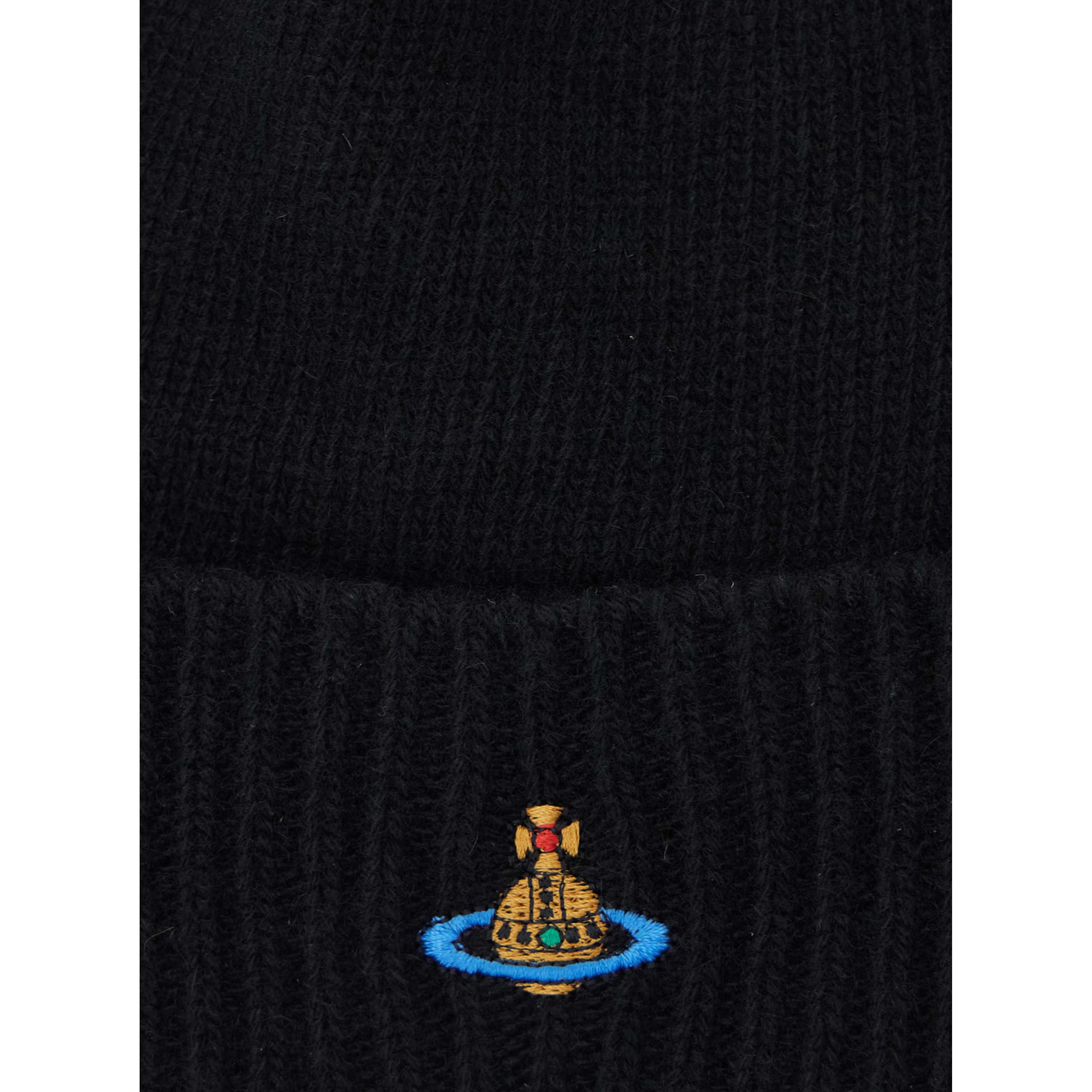 Black Beanie with Orb Patch on the Front and Ribbed Brim in Cashmere Unisex