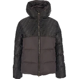 Brown Down Jacket with Drawstring Hood and FF Motif in Tech Fabric Woman