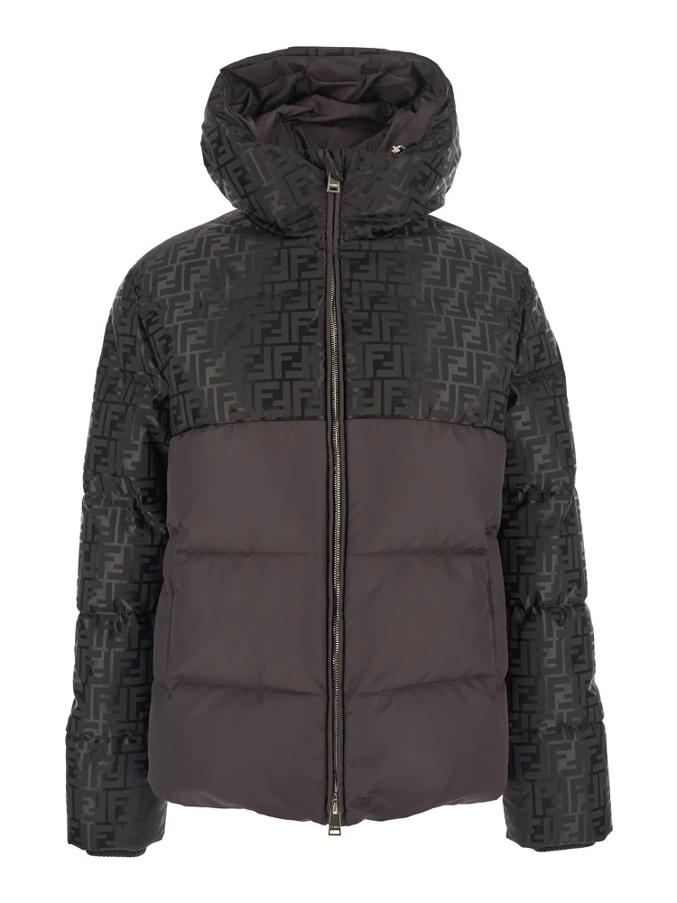 Brown Down Jacket with Drawstring Hood and FF Motif in Tech Fabric Woman