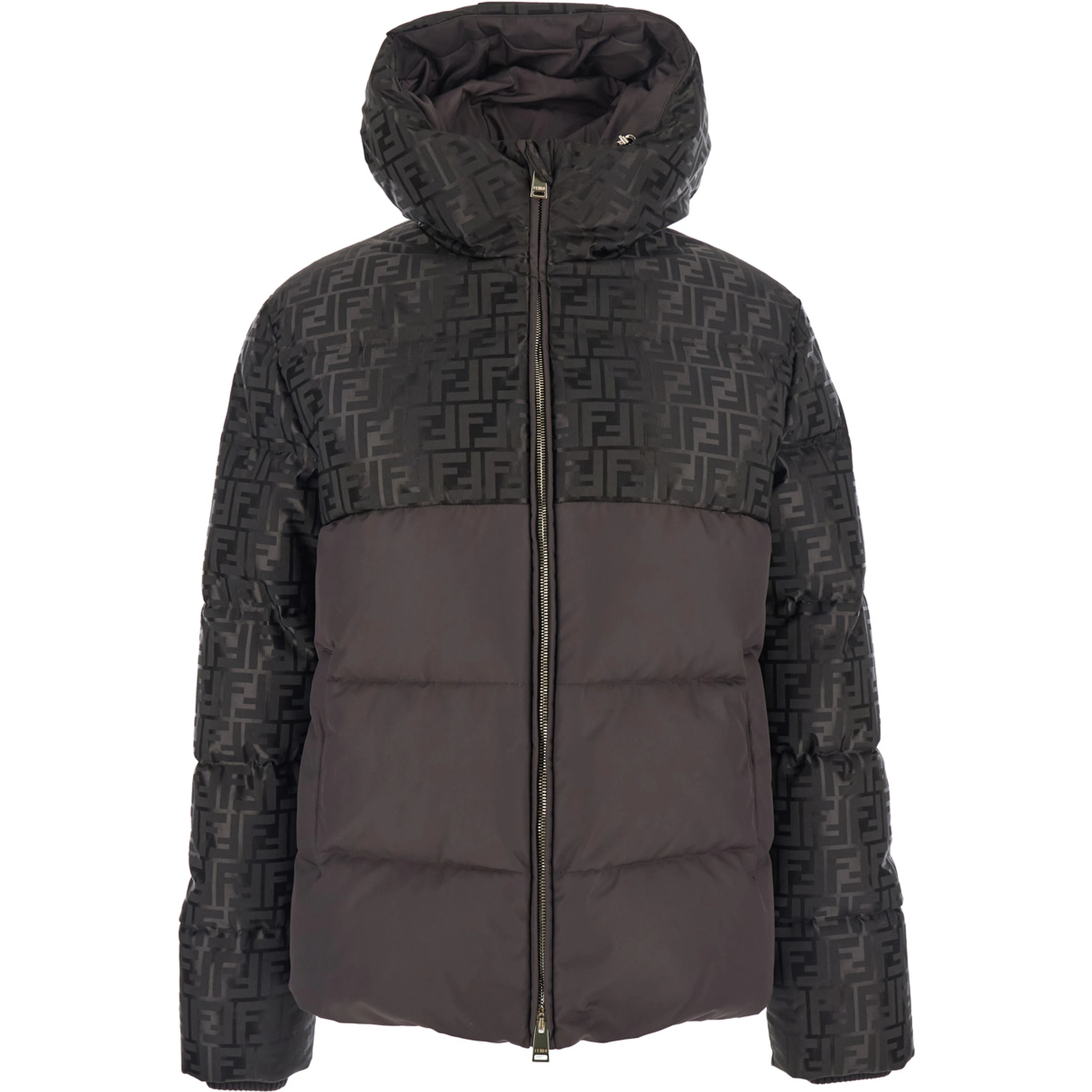 Brown Down Jacket with Drawstring Hood and FF Motif in Tech Fabric Woman
