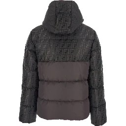 Brown Down Jacket with Drawstring Hood and FF Motif in Tech Fabric Woman