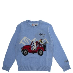 Light Blue Crewneck Sweater with Maxi Embroidery on the Front and Logo Lettering on the Sleeve in Wool Blend Boy