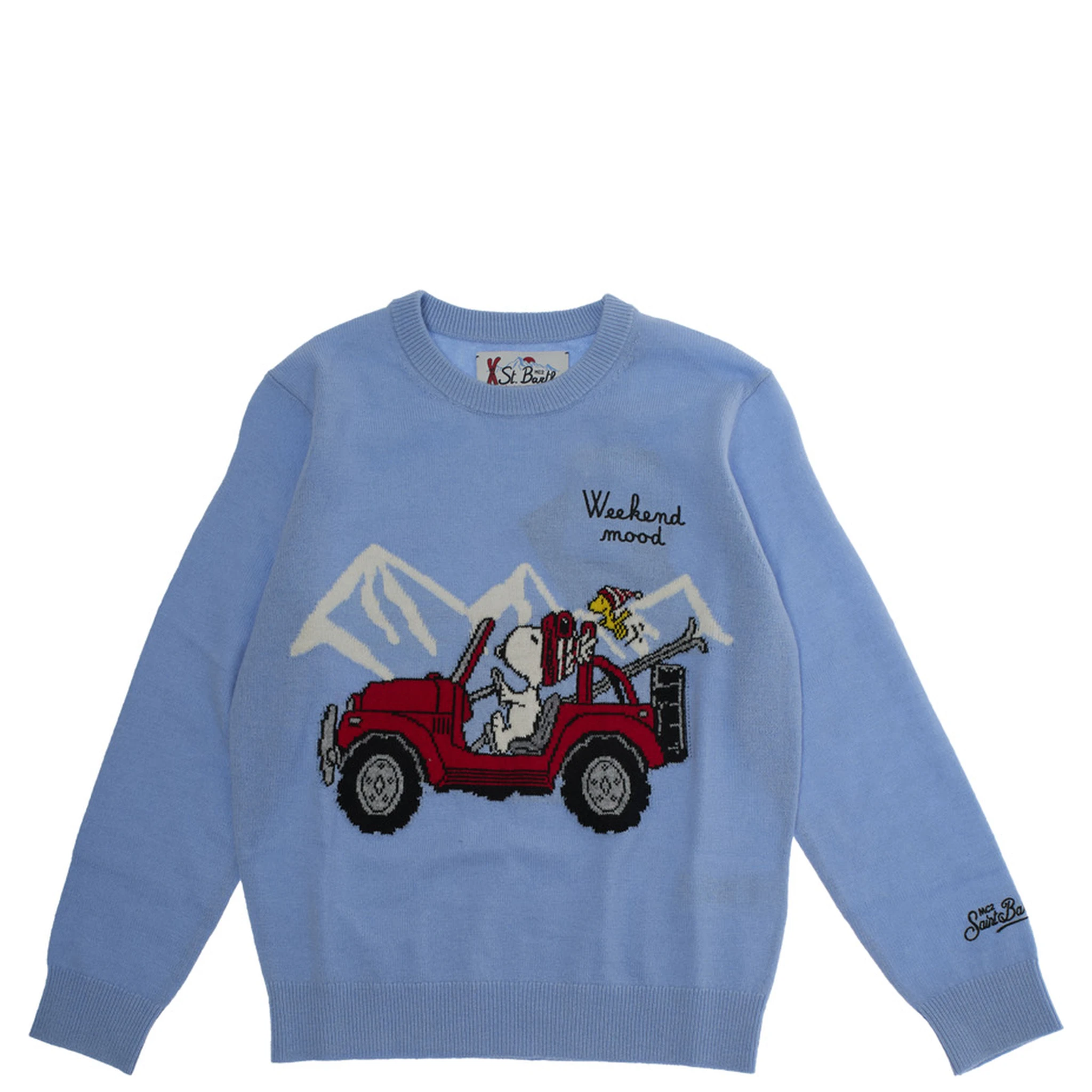 Light Blue Crewneck Sweater with Maxi Embroidery on the Front and Logo Lettering on the Sleeve in Wool Blend Boy