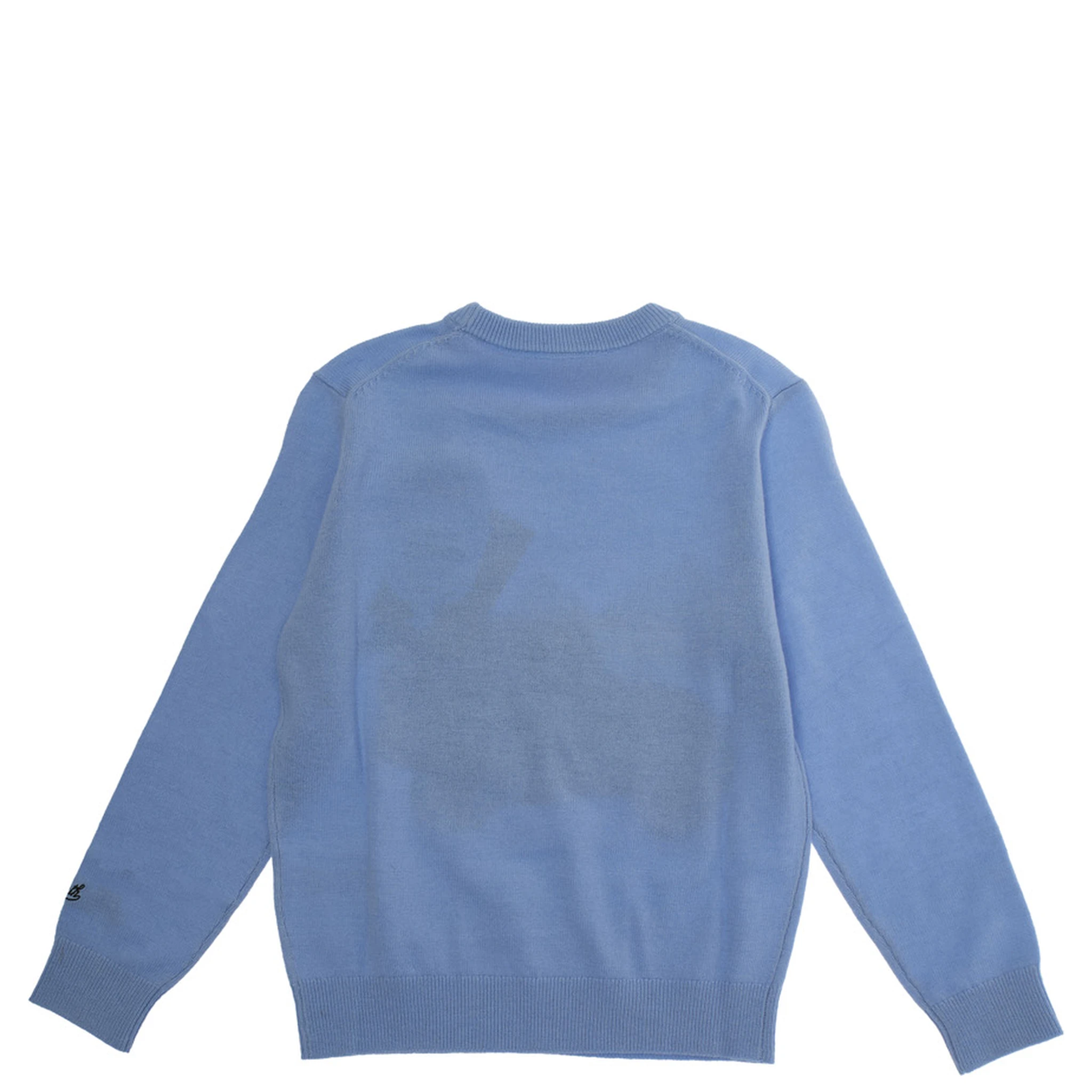 Light Blue Crewneck Sweater with Maxi Embroidery on the Front and Logo Lettering on the Sleeve in Wool Blend Boy