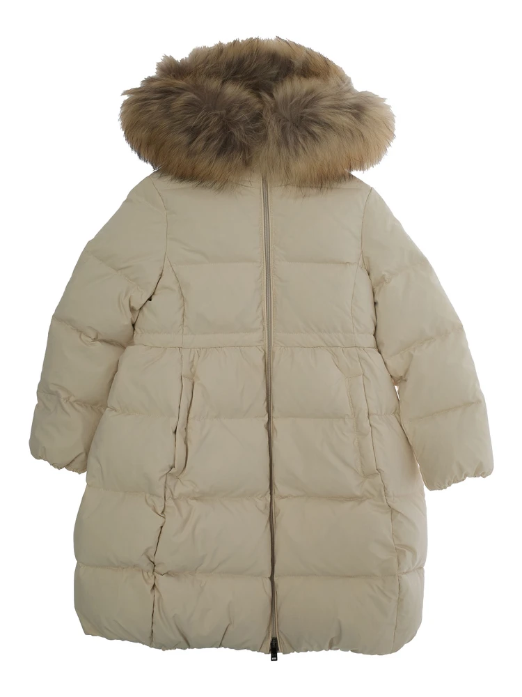Beige Down Jacket with Fixed Hood and Logo Lettering Embroidery on the Sleeve in Tech Fabric Girl