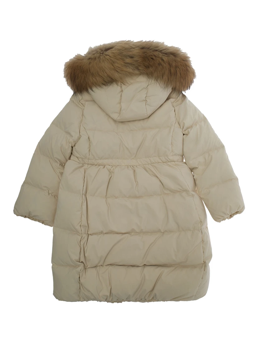 Beige Down Jacket with Fixed Hood and Logo Lettering Embroidery on the Sleeve in Tech Fabric Girl