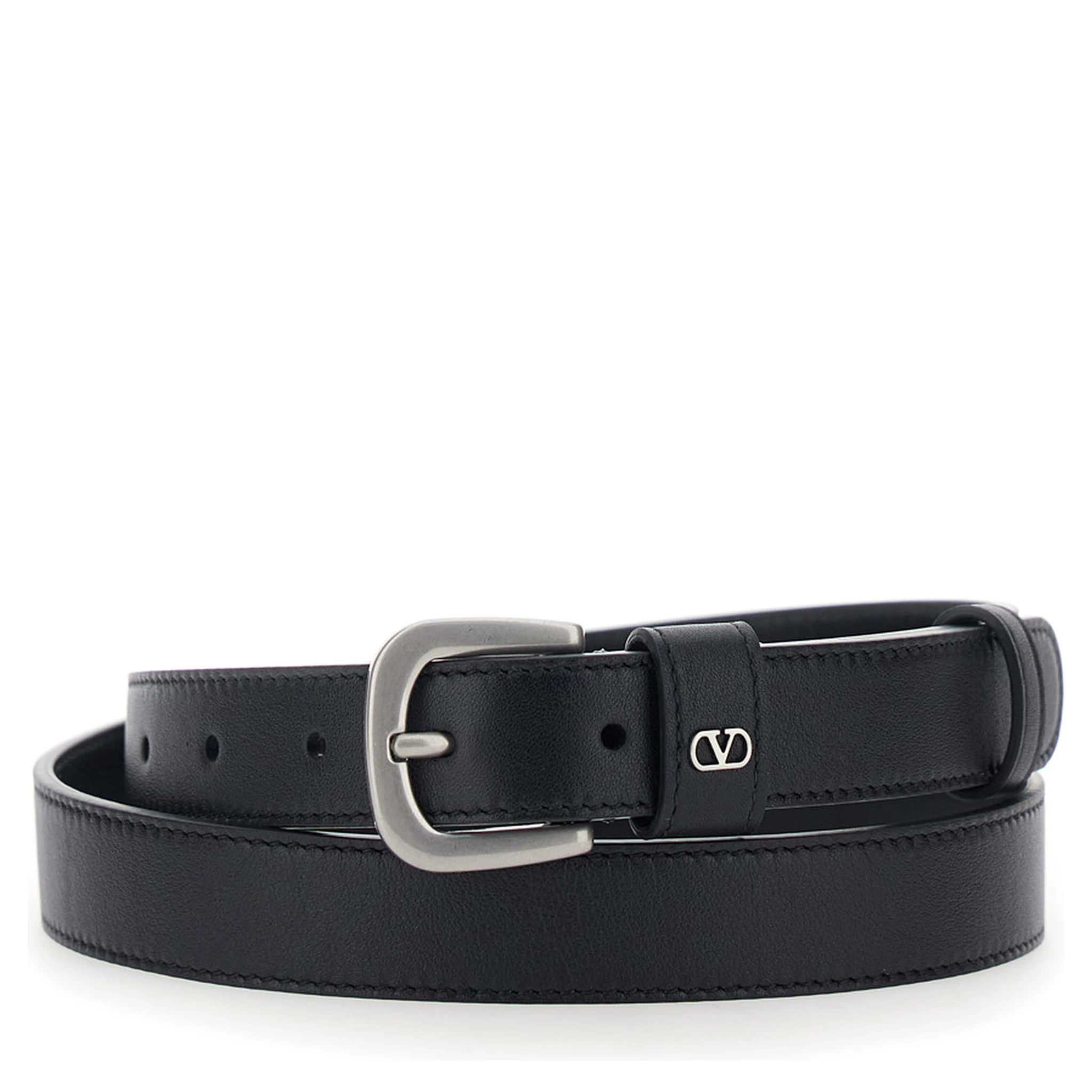 Black Belt with Front Buckle Closure and VLogo Plaque on the Loop in Leather Man