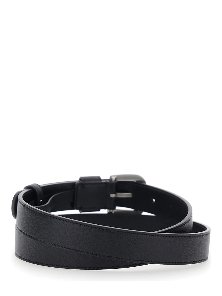 Black Belt with Front Buckle Closure and VLogo Plaque on the Loop in Leather Man alternative
