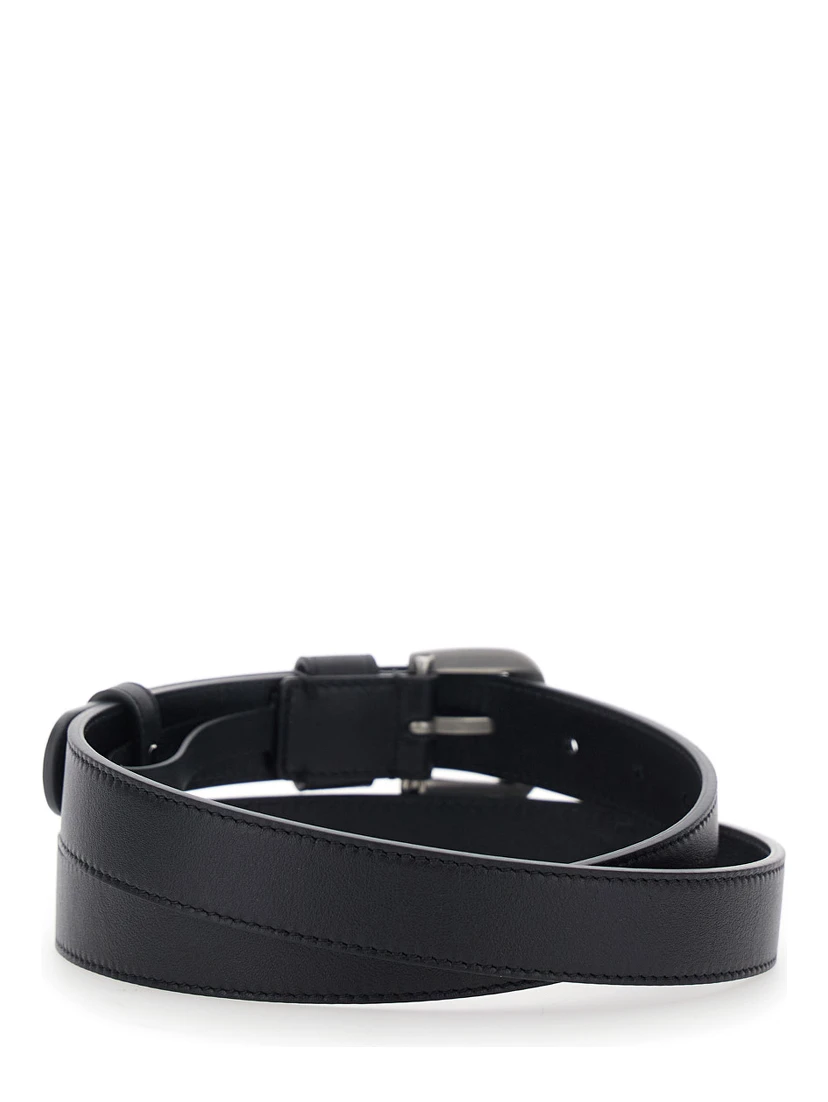 Black Belt with Front Buckle Closure and VLogo Plaque on the Loop in Leather Man