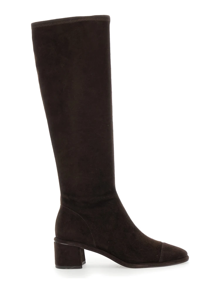Brown Knee-High Boots with Block Heel in Suede Woman