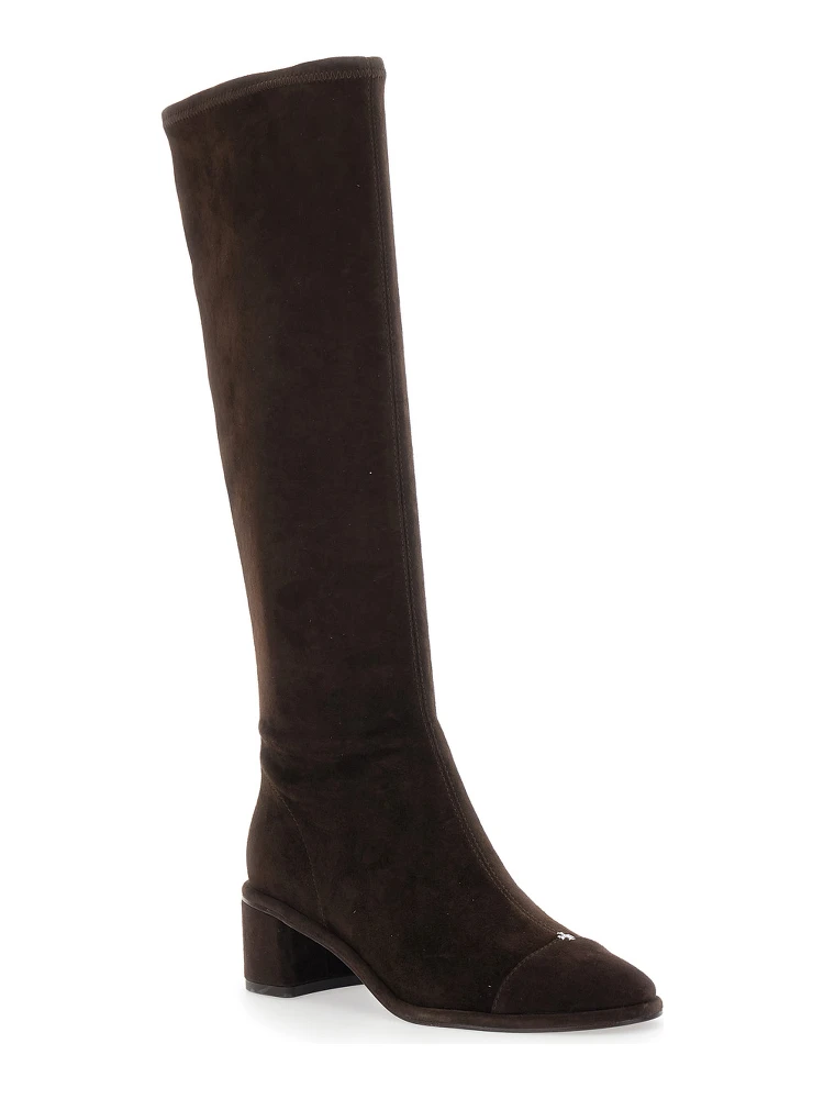 Brown Knee-High Boots with Block Heel in Suede Woman alternative