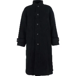Black Coat with High Neck and Belted Cuffs in Wool Man
