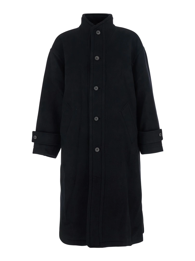 Black Coat with High Neck and Belted Cuffs in Wool Man