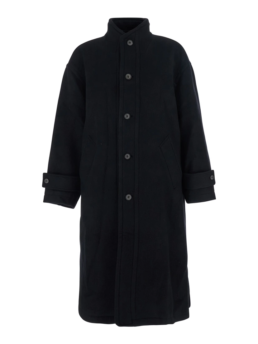Black Coat with High Neck and Belted Cuffs in Wool Man