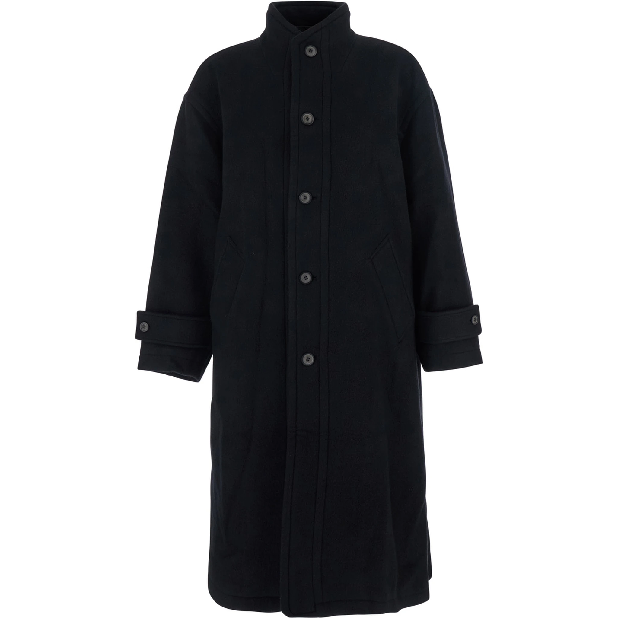 Black Coat with High Neck and Belted Cuffs in Wool Man