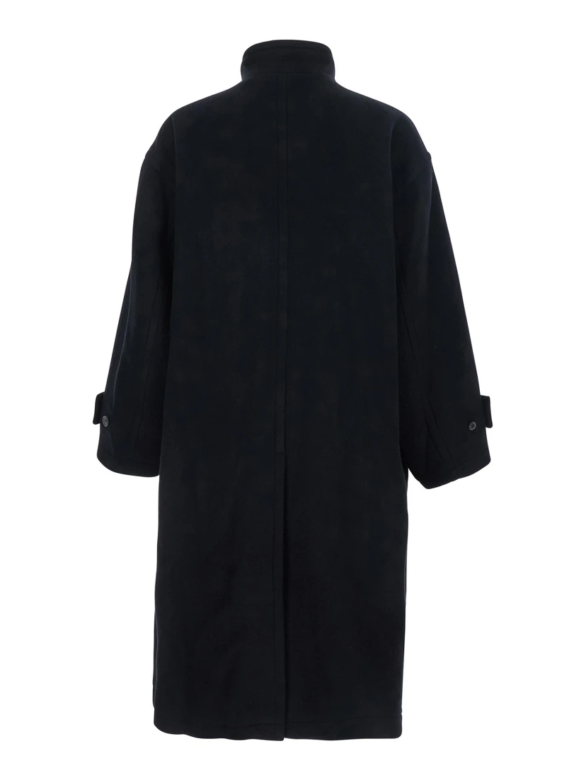 Black Coat with High Neck and Belted Cuffs in Wool Man