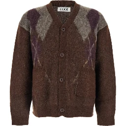 Brown Cardigan with V Neck and All-Over Argyle Motif in Wool Blend Man