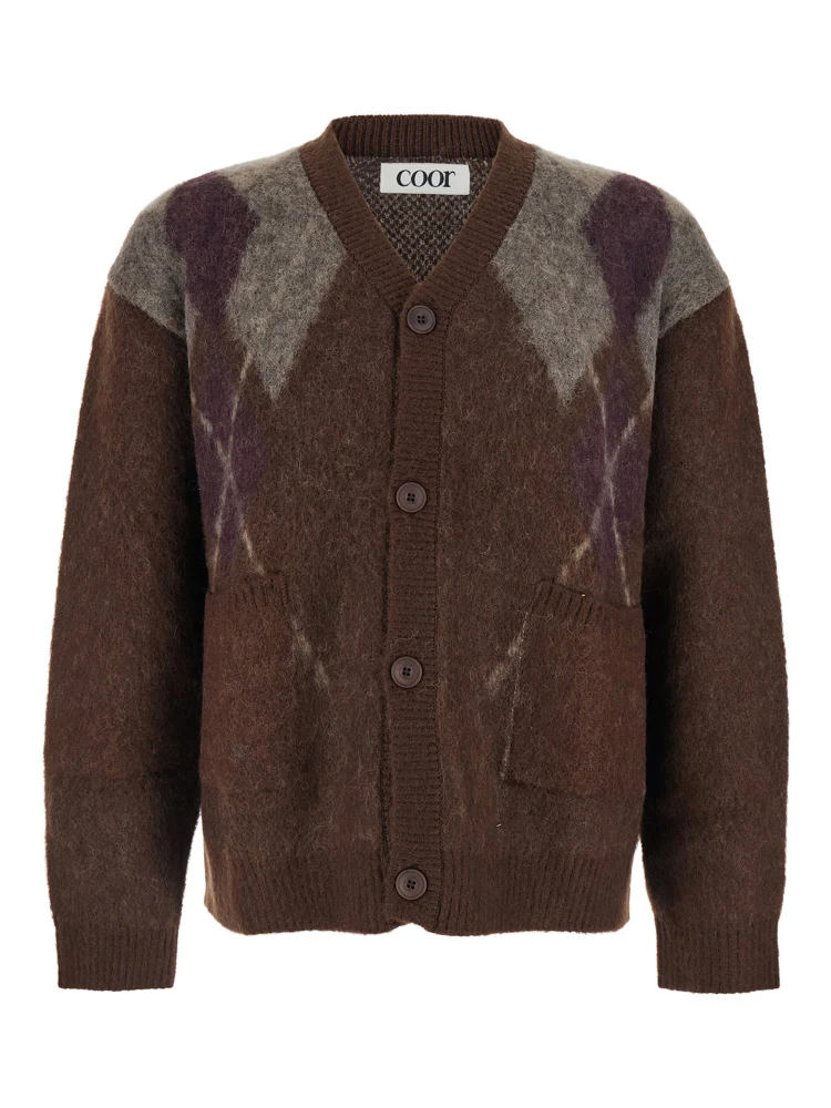 Brown Cardigan with V Neck and All-Over Argyle Motif in Wool Blend Man