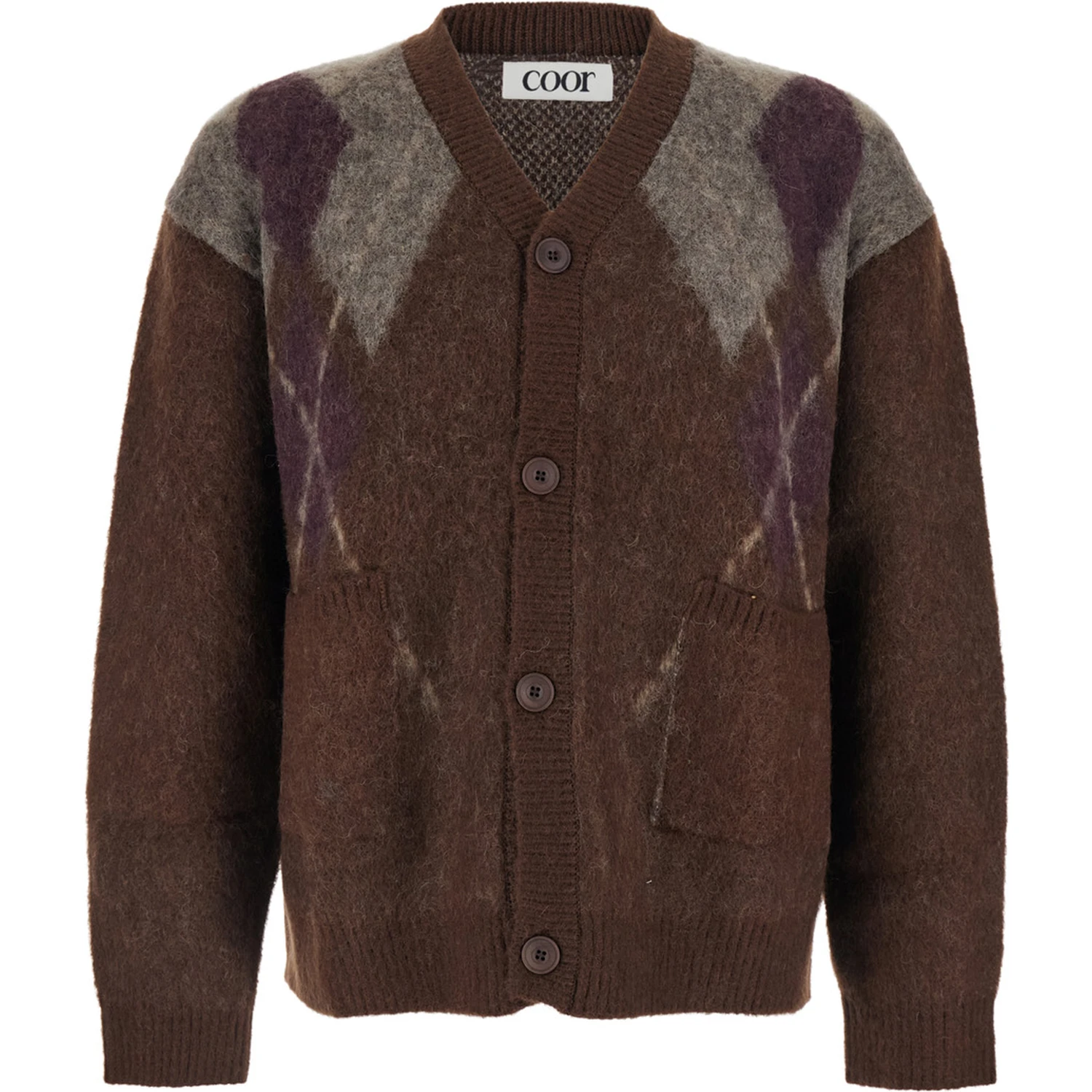 Brown Cardigan with V Neck and All-Over Argyle Motif in Wool Blend Man