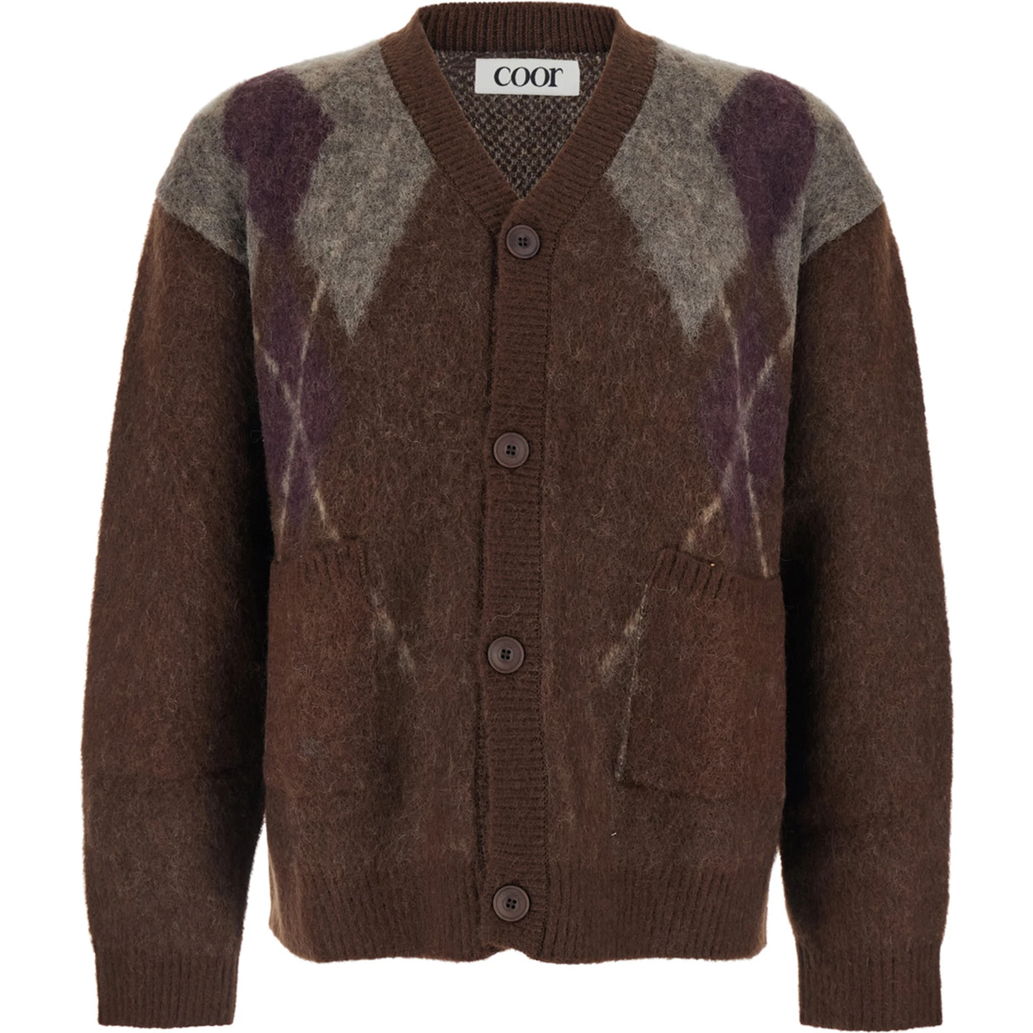 Brown Cardigan with V Neck and All-Over Argyle Motif in Wool Blend Man