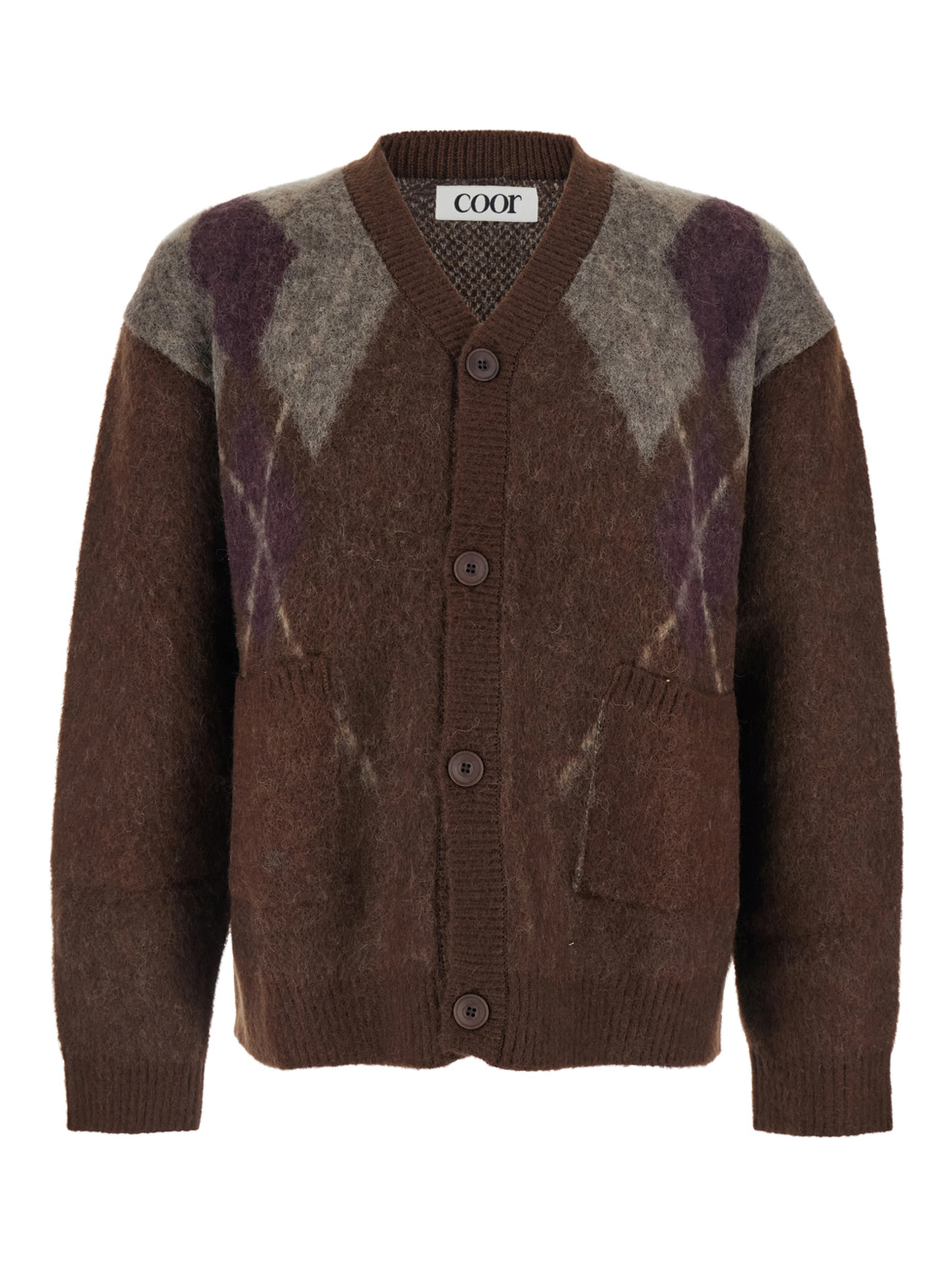 Brown Cardigan with V Neck and All-Over Argyle Motif in Wool Blend Man