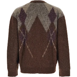 Brown Cardigan with V Neck and All-Over Argyle Motif in Wool Blend Man