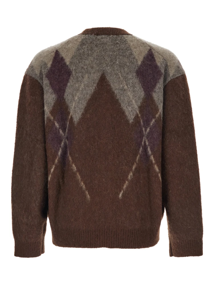 Brown Cardigan with V Neck and All-Over Argyle Motif in Wool Blend Man alternative