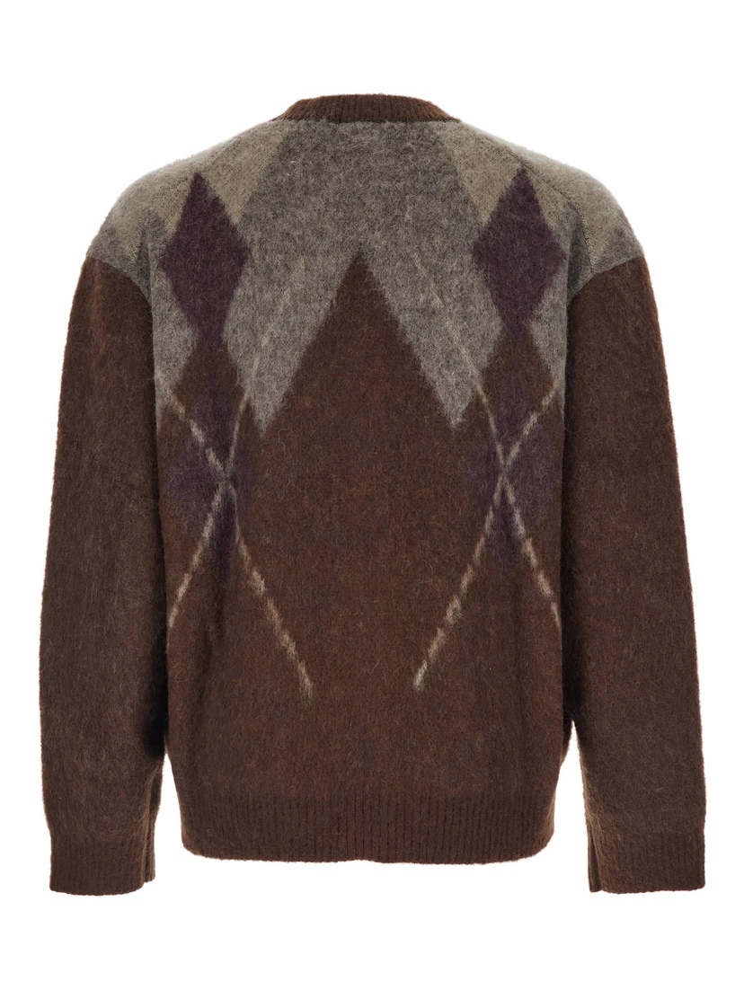 Brown Cardigan with V Neck and All-Over Argyle Motif in Wool Blend Man