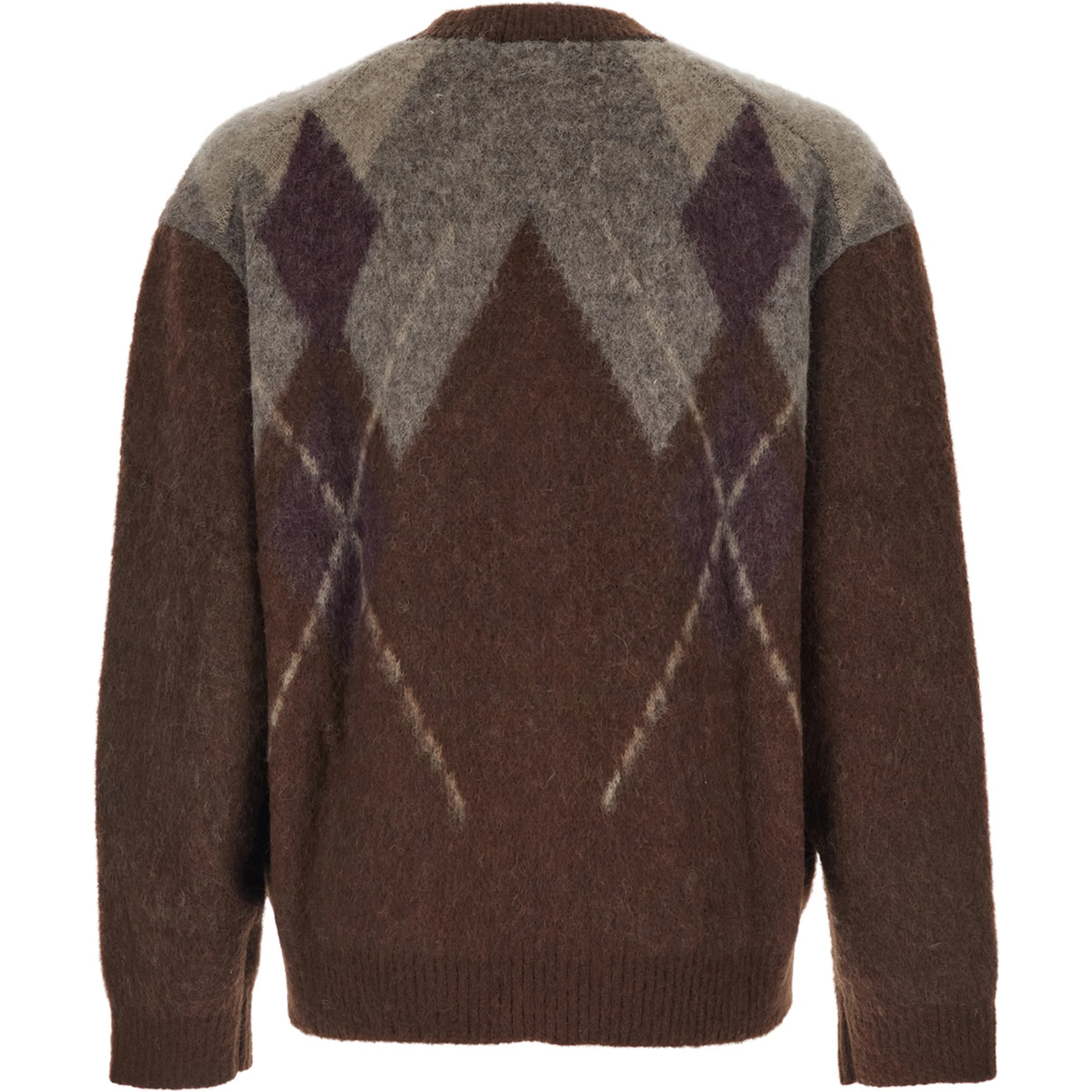Brown Cardigan with V Neck and All-Over Argyle Motif in Wool Blend Man