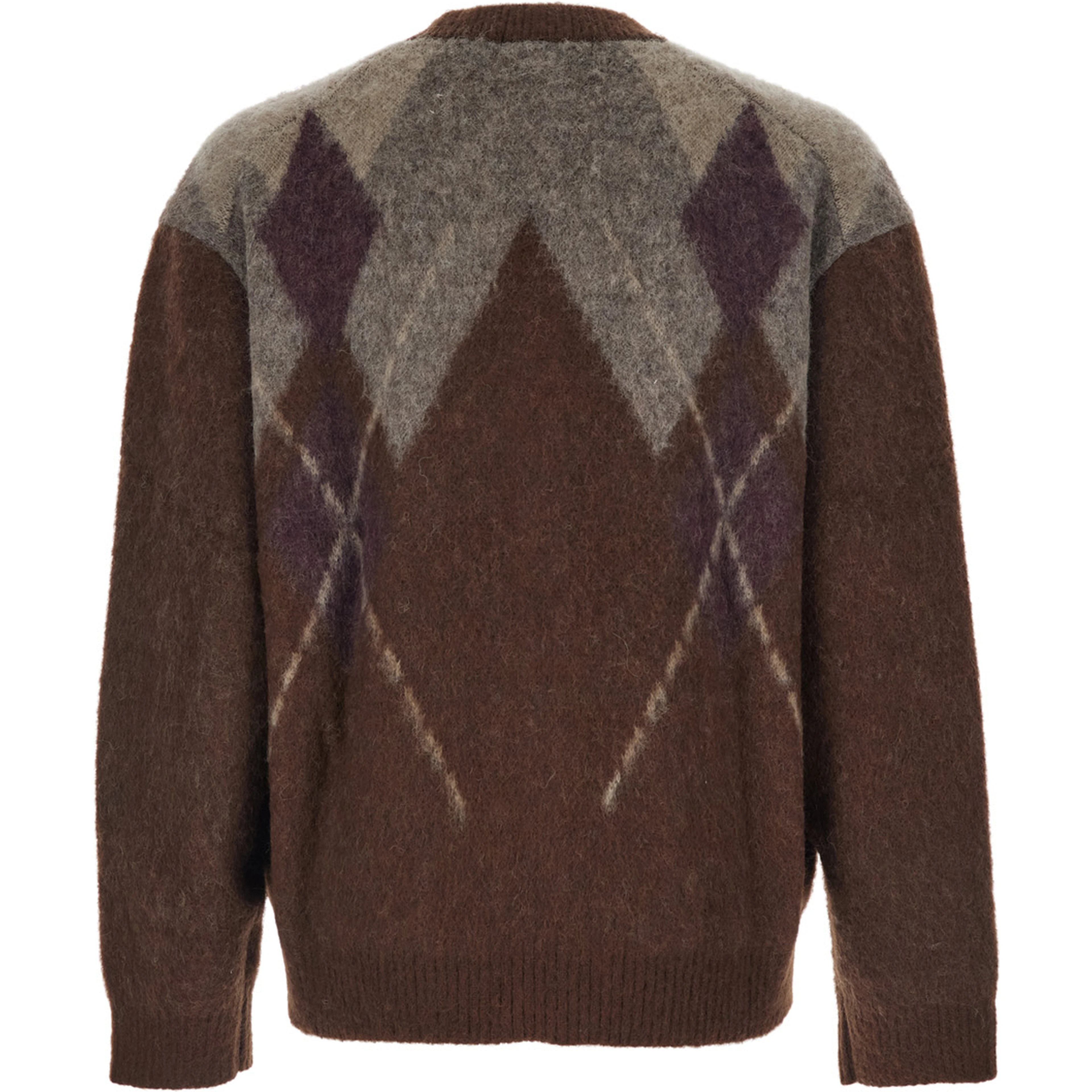 Brown Cardigan with V Neck and All-Over Argyle Motif in Wool Blend Man