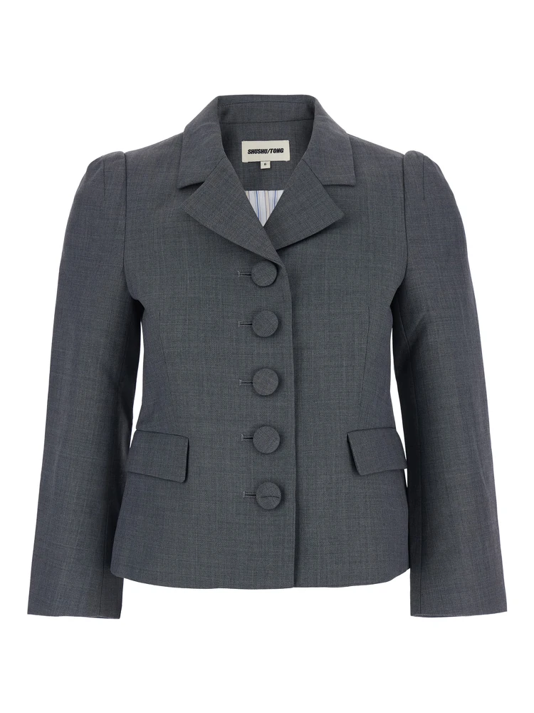 Grey Jacket with Notched Revers and V Neck in Wool Blend Woman