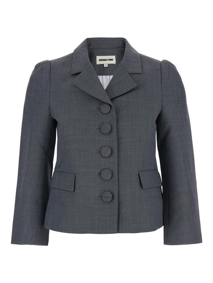 Grey Jacket with Notched Revers and V Neck in Wool Blend Woman