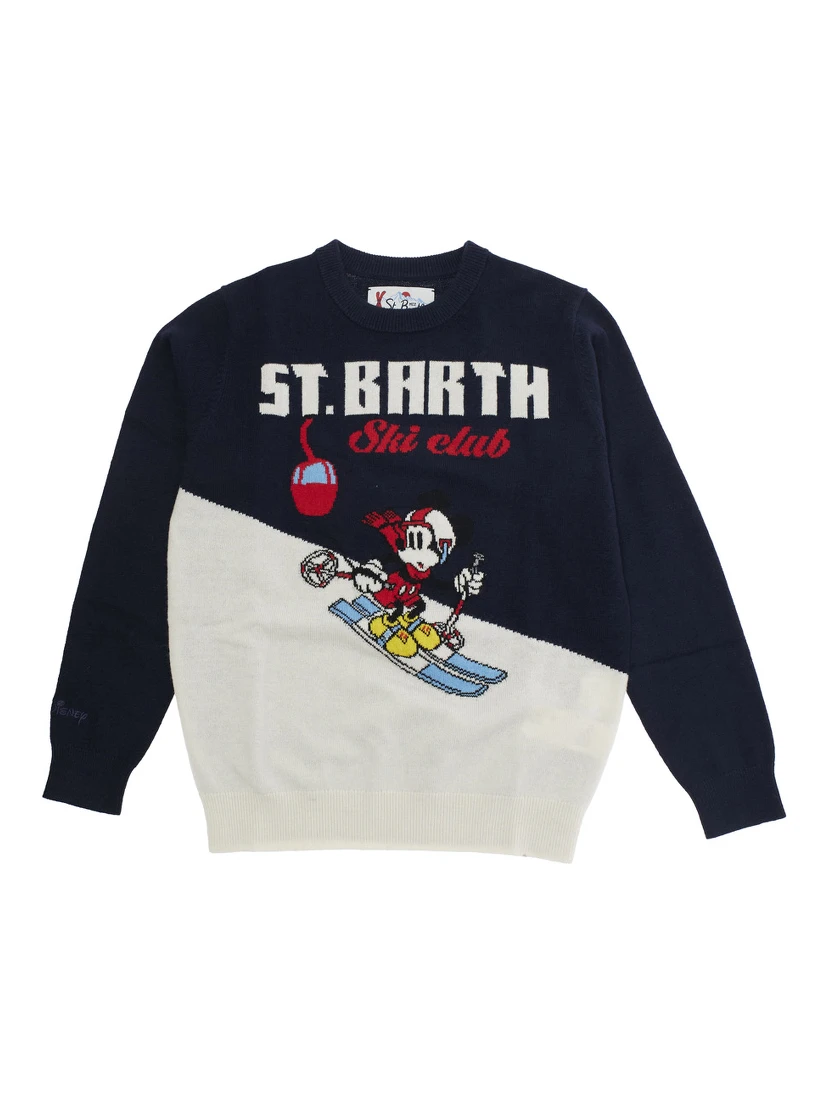 Blue Crewneck Sweater with Maxi Embroidery on the Front and Logo Lettering on the Front in Wool Blend Boy
